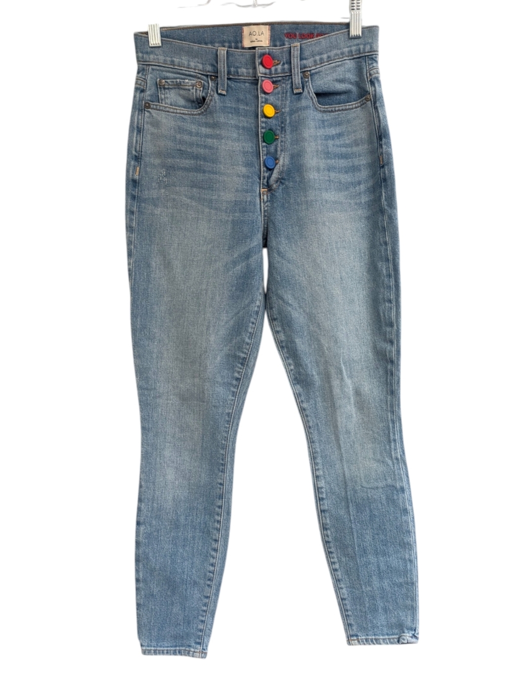 AO. LA Alice + Olivia Good High Rise Exposed Button Skinny Jeans. 27